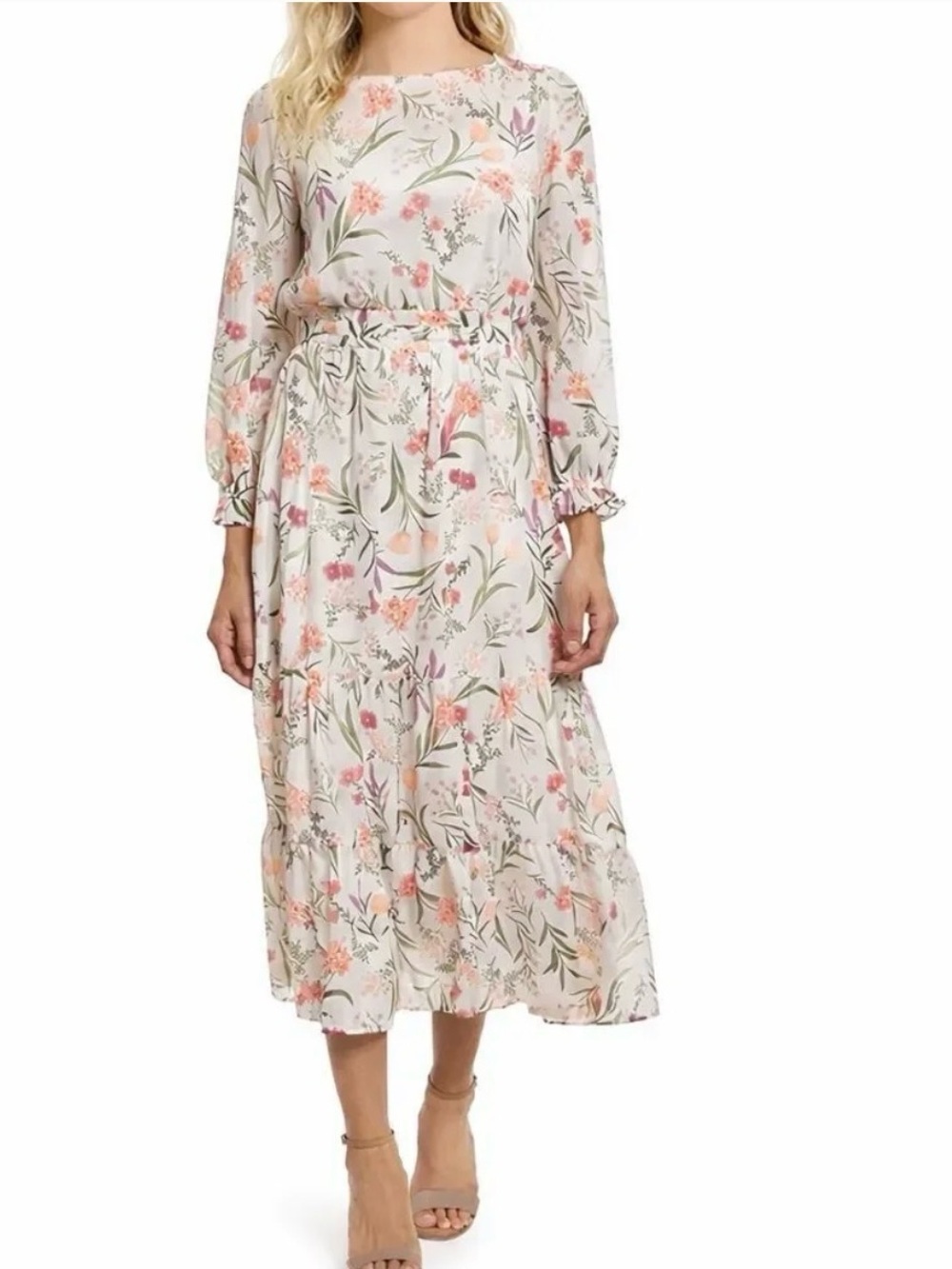 EUC Eliza J Floral Cream Midi Dress with Pink & Green Print